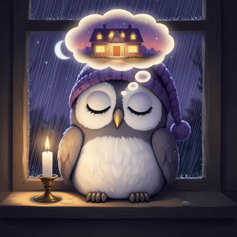 Hoot asleep by a rainy window