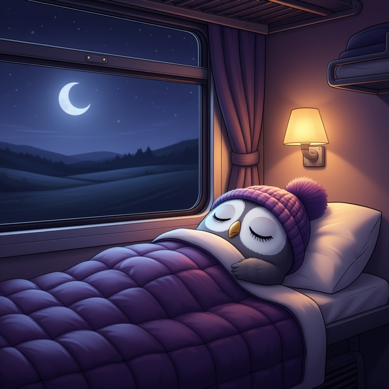 Hoot tucked into a sleeper train bunk