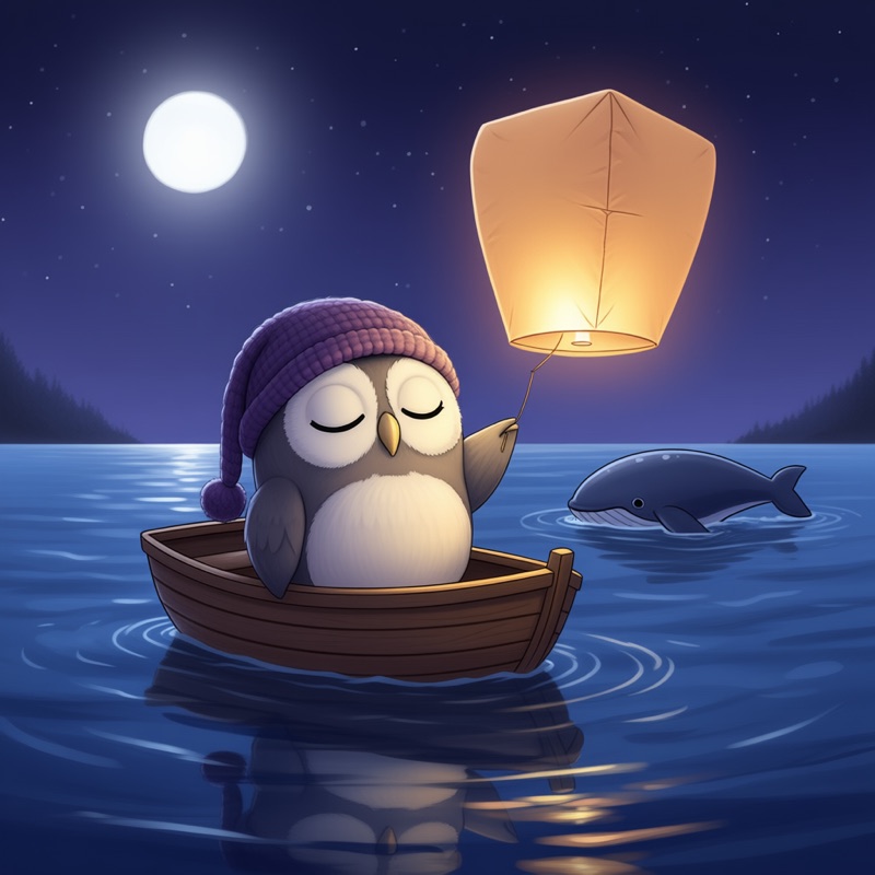 Hoot releasing a paper lantern from a boat as a whale surfaces