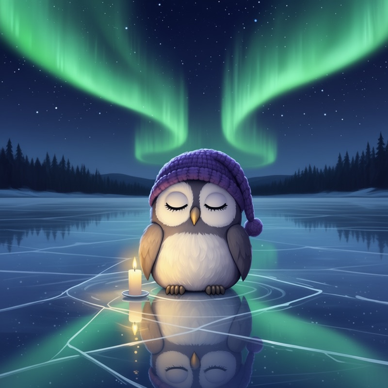 Hoot meditating on a frozen lake under the northern lights