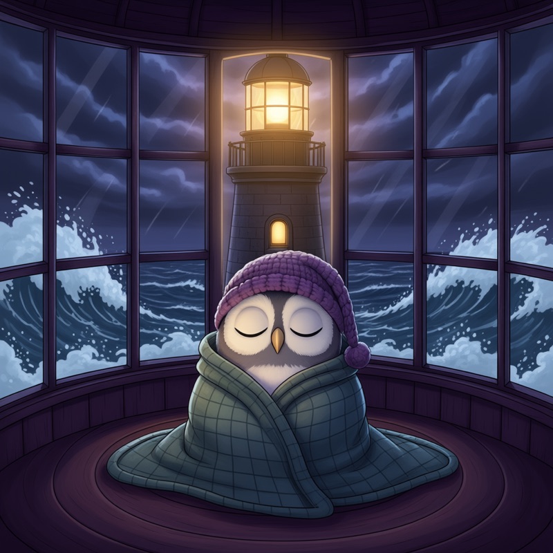 Hoot wrapped in a blanket inside a lighthouse during a storm